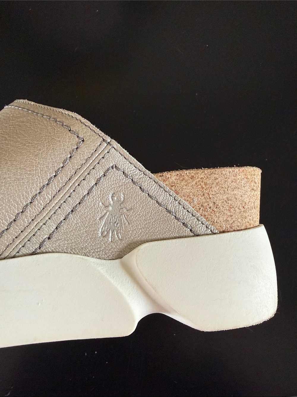 Fly London Metallic Taupe Slide Mules with White Sole - Picture 4 of 14